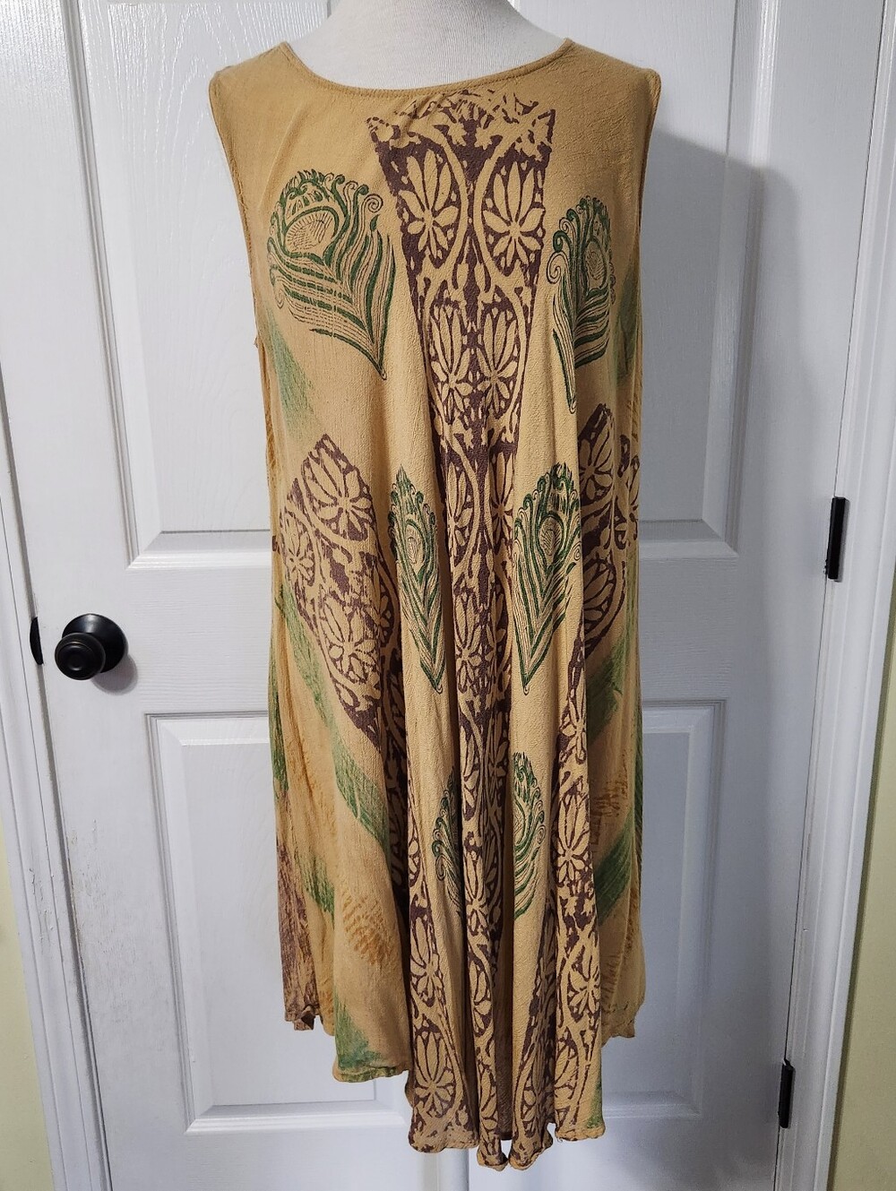 Mandala Boho Printed Swing Dress in Tan with Burgundy & Green Motif, One Size